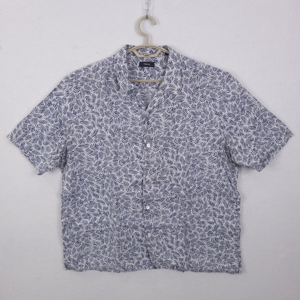 Theory Shirt Daze Palm Men XXL White Navy Blue 100% Linen Short Sleeve Button